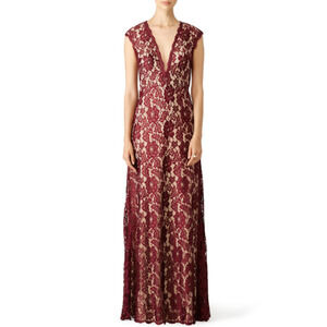 LM Collection Romantic Ride Gown Maroon Lace V Neck US 2